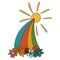 Rainbow with Flowers and Sun in 70s or 60s Retro Trippy Style. Weather Funny 1970 Icon. Seventies Groovy Flowers.