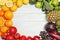 Rainbow frame made of fresh fruits and vegetables