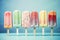 A Rainbow of Frozen Delights: Colorful Popsicles Stacked in a Row Created With Generative AI Technology