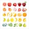Rainbow fruits vector set isolated. Whole chopped strawberry, banana pear orange apple. Fruits collection hand drawn