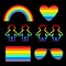 Rainbow gasses, heart, sunglasses, flag, girl boy pictogram icon set. Gay marriage. LGBT pride sign symbol. Flat design. Black bac