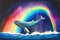 Rainbow humpback whale leaping out of water