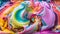 Rainbow ice cream, close-up on multicolor swirls of delicious icecream, AI generative background