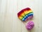 Rainbow knitted hat, handmade. Favorite domestic hobby.