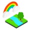 Rainbow landscape icon isometric vector. Bright rainbow in cloud over river icon