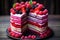 Rainbow layered cut cake with cream and berries is on a plate. Birthday cake