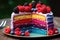 Rainbow layered cut cake with cream and berries is on a plate. Birthday cake