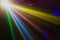 Rainbow lighting at a disco in a dark room, rays of light of different colors. Blurry background