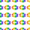 Rainbow lipstick kiss on white seamless pattern. LGBT community background. Gay pride vector illustration. Imprint of the lips.