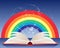 Rainbow magic book with white pages and sparkles on a blue background