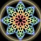 Rainbow mandala composed from multicolored dots, golden aura. Symmetric ornament for spiritual exercises and meditation.