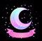 Rainbow moon, pink ribbon and colorful stars on white.