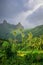 Rainbow on Moorea island jungle and mountains landscape