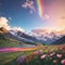 Rainbow in the mountains. Landscape with summer flowers. Sunny weather. Zemo Svaneti, Georgia, Caucasus made