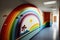 a rainbow mural painted on the wall of a childrens hospital, to brighten the spirits of the young patients.