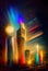 Rainbow nights. A dynamic cityscape painting under the full moon. AI-generated