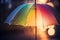 Rainbow open colorful umbrella with rain droplets. Generate ai