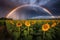 Rainbow over a field of sunflowers.