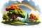 Rainbow over the forest and river in cartoon style. Children\\\'s card, book cover