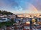 Rainbow over Lisbon, Portugal skyline with Sao Jorge Castle