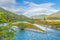 Rainbow over Rakaia river in the New Zealand