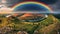 Rainbow over the river Dnister. Landscape with a rainbow in the sky