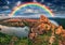 Rainbow over the river Dnister. Landscape with a rainbow in the sky