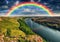 Rainbow over the river Dnister. Landscape with a rainbow in the sky