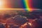 Rainbow over violet purple cloudy sky as panoramic high altitude shot. Dawn early morning sunrise satellite above earth