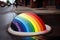 a rainbow painted on a stop sign, adding a pop of color to an otherwise plain and boring street corner.