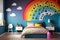 a rainbow painted wall with vivid colors and a fun pattern, perfect for a childs bedroom.