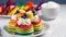Rainbow pancakes with fruits and whipped cream, AI generative food