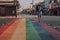 Rainbow pedestrian crossing on High Street in Camden Town, London, UK