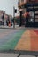 Rainbow pedestrian crossing on Jamestown Road in Camden Town, London, UK