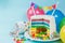 Rainbow pinata cake with candies - birthday background, card, concept