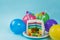 Rainbow pinata cake with candies - birthday background, card, concept