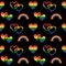 Rainbow pride seamless pattern with hearts and rainbows on black background