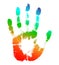 Rainbow print of hand of human, cute skin texture pattern,vector grunge illustration. Scanning the fingers, palm on white backgrou