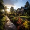 Rainbow after the rain over the house. A beautiful piece of land with flowers and paths during a rainy day