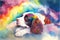 The Rainbow Road, old dog that has passed on sleeping on a cloud in the sky