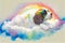 The Rainbow Road, old dog that has passed on sleeping on a cloud in the sky