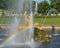 Rainbow in Samson Fountain in Peterhof on sunny summer day, Saint Petersburg