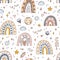 Rainbow seamless pattern, cartoon clipart for kids, cute weather conditions and elements,  nursery room decor, neutral color