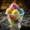 rainbow sherbet ice cream sundae bowl on top of marble table