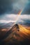 A rainbow shines in the sky over a mountain. Generative AI image.