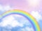 Rainbow sky. Fantasy heaven landscape rainbow in white clouds iridescent girly unicorn vector background