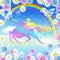 Rainbow in the sky and galloping unicorn with luxurious winding mane against the background of the iridescent universe with