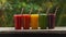 Rainbow from smoothies. Watermelon, papaya, mango, spinach and dragon fruit. Smoothies, juices, beverages, drinks