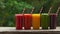 Rainbow from smoothies. Watermelon, papaya, mango, spinach and dragon fruit. Smoothies, juices, beverages, drinks