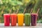 Rainbow from smoothies. Watermelon, papaya, mango, spinach and dragon fruit. Smoothies, juices, beverages, drinks